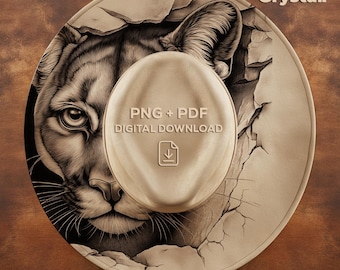 May include: A digital download graphic featuring a detailed cougar face emerging from a cracked circular frame. The design includes the text "PNG + PDF DIGITAL DOWNLOAD" and the "Digital Crystall" logo.