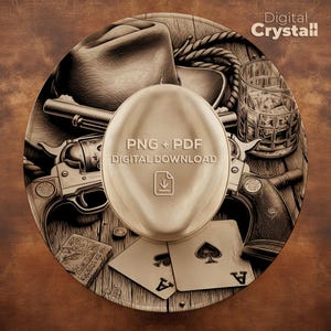 May include: A sepia-toned digital download graphic featuring a cowboy hat, revolvers, playing cards, a glass of whiskey, and rope. The text "PNG + PDF DIGITAL DOWNLOAD" is displayed on a central oval shape. The image has a vintage, Western theme.