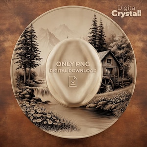 May include: A sepia-toned digital art image of a cowboy hat with a detailed landscape scene. The scene includes a waterfall, mountains, trees, and a watermill. The hat's center has the text "ONLY PNG DIGITAL DOWNLOAD" and a download icon.