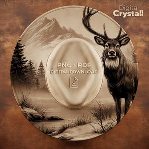 May include: A sepia-toned illustration of a deer with large antlers, set against a mountain and forest landscape. The image is on a hat-shaped design with the text "PNG + PDF DIGITAL DOWNLOAD" and the logo "Digital Crystalll".