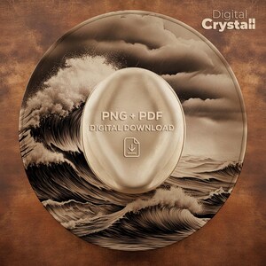 Puede incluir: Una impresión de arte digital en tonos sepia con un diseño circular que representa una dramática ilustración de olas oceánicas. La forma ovalada central contiene el texto "PNG + PDF DIGITAL DOWNLOAD" y un icono de descarga. Las palabras "Digital Crystall" están en la esquina superior derecha.