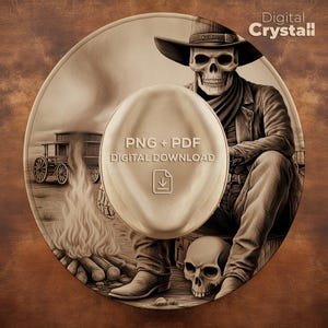 Puede incluir: Una obra de arte digital en tonos sepia que representa a un vaquero esquelético con sombrero, sentado cerca de una fogata y una calavera. Una diligencia está en el fondo. La imagen incluye el texto "PNG + PDF DIGITAL DOWNLOAD" y el logotipo "Digital Crystall".