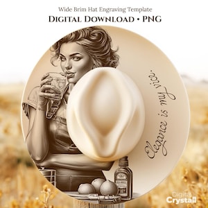 Könnte beinhalten: Ein digitaler Download mit einer Gravurvorlage für einen Hut mit breiter Krempe. Das Bild zeigt eine Sepia-Illustration einer Frau, die aus einem Glas trinkt, eine Flasche, Zitronen und den Text "Elegance is my vice."