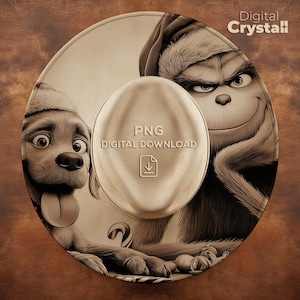 Puede incluir: Una obra de arte digital en tonos sepia que presenta un perro y un personaje similar al Grinch. La imagen incluye el texto "PNG DIGITAL DOWNLOAD" en una forma ovalada central. El fondo es marrón cálido.