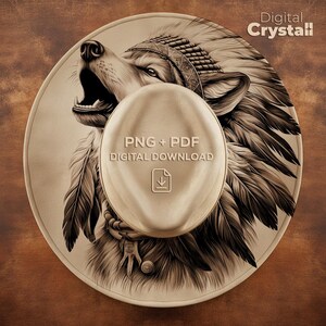 May include: A beige cowboy hat featuring a detailed illustration of a howling wolf wearing a Native American headdress. The hat has a wide brim and a central oval design with the text "PNG + PDF DIGITAL DOWNLOAD" and a download icon. The words "Digital Crystall" are in the upper right corner.