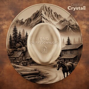May include: A sepia-toned digital art piece featuring a mountain landscape and a cabin scene. The design includes a central oval shape with the text "PNG DIGITAL DOWNLOAD" and a download icon. The artwork is circular with the text "Digital Crystall" in the upper right corner.