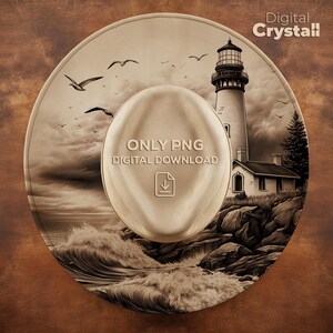 May include: A sepia-toned digital art print featuring a lighthouse on a rocky coast with crashing waves and seagulls. The image includes the text "ONLY PNG DIGITAL DOWNLOAD" and a download icon. The artwork is set within a circular frame.
