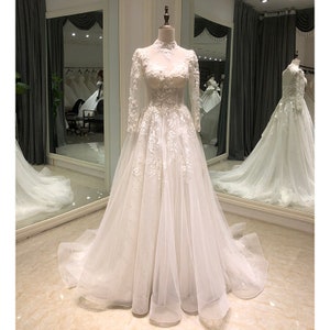 Personalised Floral Lace Long Sleeve High Neck A-Line Wedding Dress Bridal Gown