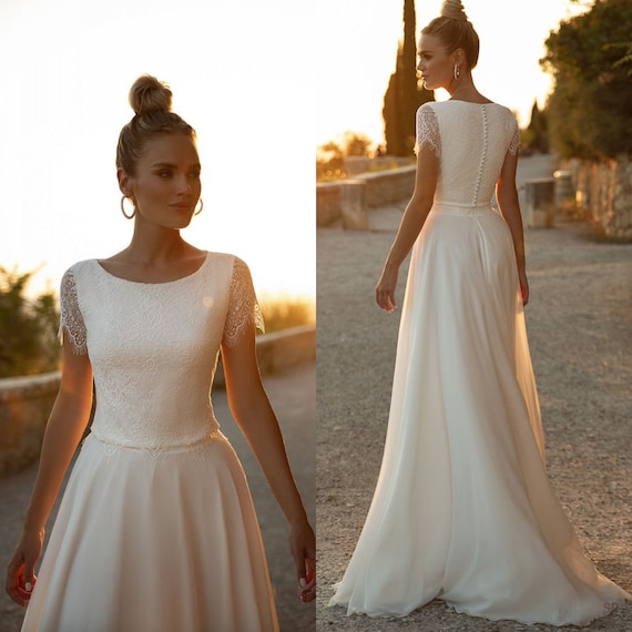 Personalised A Line Chiffon Beach Wedding Dress Lace Cap Short