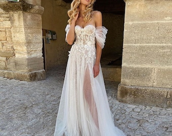 Personalised Off the Shoulder Boho Tulle Sweetheart Beach Wedding Dress Bridal Gown Pleated Sleeves