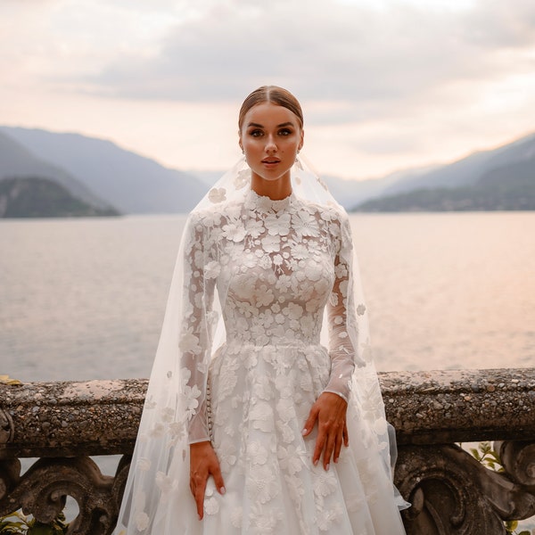 Personalised Floral Lace Long Sleeve Boho Wedding Dress High Neck Princess Bridal Beach Bridal Gowns