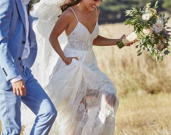 Personalised Boho Lace Deep V-neck Beach Wedding Dresses Bridal Gown