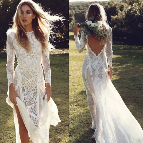 Lace Wedding Dress V-neck & Long Sleeves Bridal Gown - Etsy