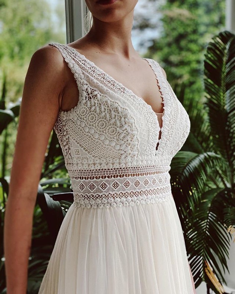 Boho V Neck Beach Lace Wedding Dress Bridal Gowns - Etsy