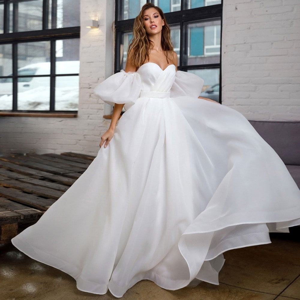 Personalised Organza Wedding Dress Detachable Puff Sleeves A-line