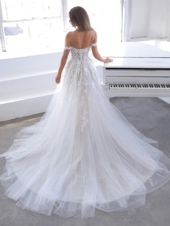 Personalised off the Shoulder Side Split Boho Wedding Dress Bridal Gown Lace  Tulle -  Canada