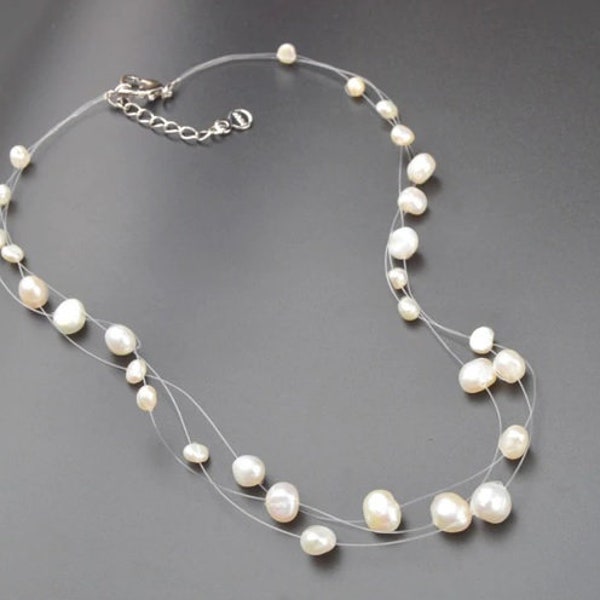Mehrschichtige Weiße Barock Perlen Choker Halskette für Frauen MädchenHandmade Hochzeit Party Schmuck Geschenk