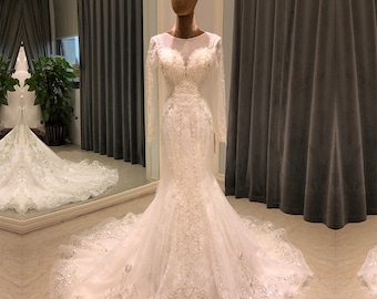 Personalised crystal long sleeve mermaid beads lace wedding dress bridal gown