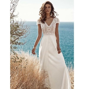 Bohemian Chiffon Backless V-Neck A-Line Cap Sleeve Beach Bridal Dress Wedding Gown