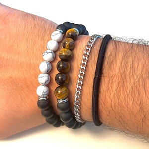 Mens stone bracelets | tiger eye howlite combo beaded bracelets | Ying and Yang bead bracelets | Water-resistant handmade beaded bracelets