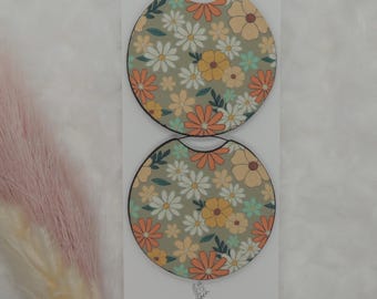 Grey Floral Subliamtion print Car Coaster Set (2)
