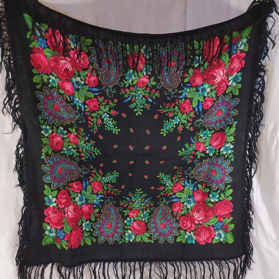 Old floral print shawl, soviet floral print shawl,