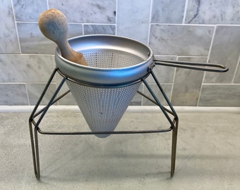 Metal Strainer Farm House Rustic Kitchen Decor Vintage Cone Shape Fruit Strainer /& Wooden Tool Sieve Colander USSR Aluminum Funnel