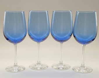 Set of 4 Vintage Libbey Vina Wine Glasses Blue with Clear Stem - 16 ounce Blue Glass Libbey Cocktail Set Gift for Mom From the 1980's