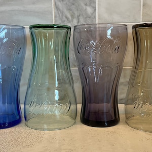 Set of 4 Mismatched Coca Cola Glasses 8 ounce - Unique Shades of Blue, Green, Purple and Brown - Gift Set for Coca Cola Collector