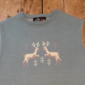 Vintage Mens Sweater Vest Grubb Stuff Reindeer - Large - Blue Tan Pink 1980's Christmas Preppy