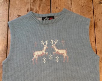 Vintage Mens Sweater Vest Grubb Stuff Reindeer - Large - Blue Tan Pink 1980's Christmas Preppy