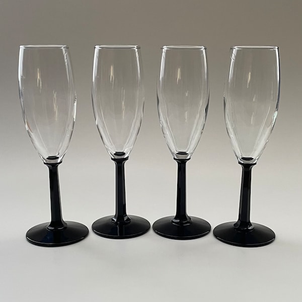 Set of 4 Vintage Mikasa Black Stem Champagne Flutes - Made in the 1980's - 5 ounce champagne Flutes