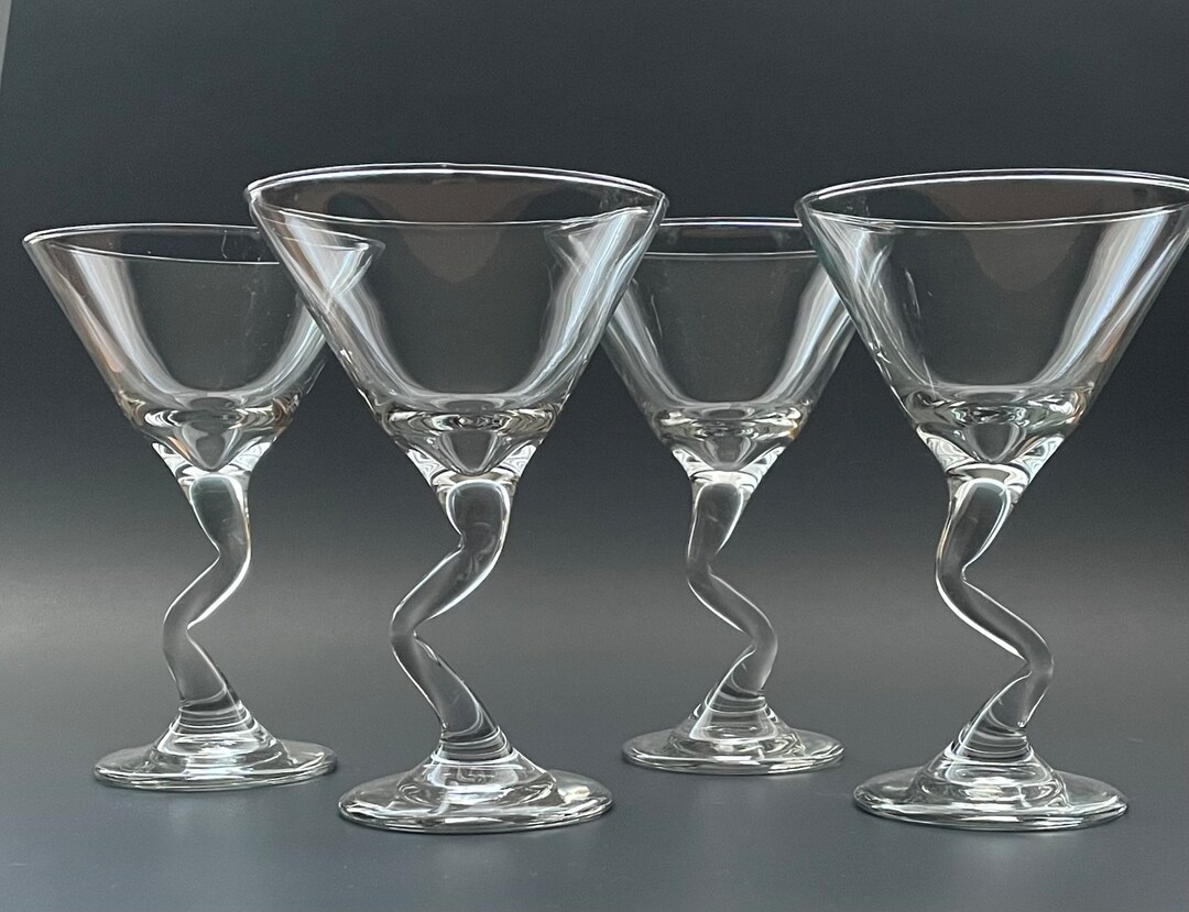Set Of 4 Vintage Libbey Z Stem Martini Glasses Zig Zag Clear Cocktail
