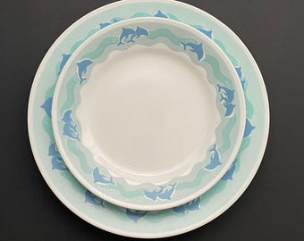 8 Vintage Corelle Ocean Dance Dolphin Plates Four 10 1 4 Dinner and Four 7 1 4 Salad Plates Made in the USA by Corning in the 1980s Etsy