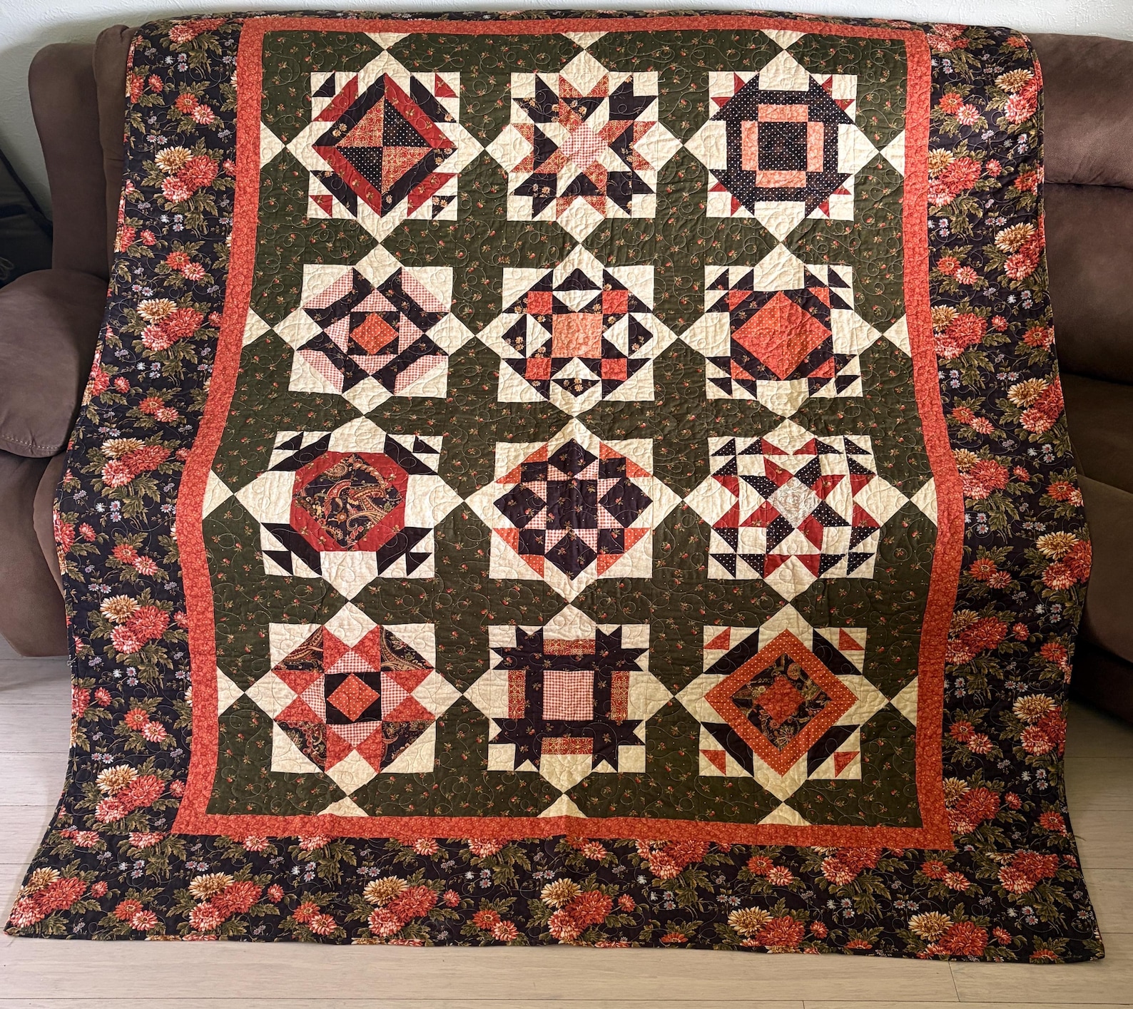 Vintage Autumn Floral Patchwork Quilt - 1990's Orange and Green Fall Flowers, Dandelion Burst Backing
