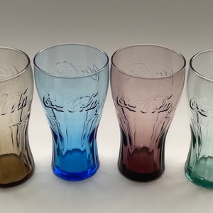 Set of 4 Mismatched Coca Cola Glasses 16 ounce - Unique Shades of Blue, Green, Purple and Brown - Gift Set for Coca Cola Collector