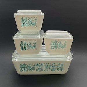 Vintage Pyrex Amish Butterprint Refrigerator Dish Set: Turquoise Blue & White