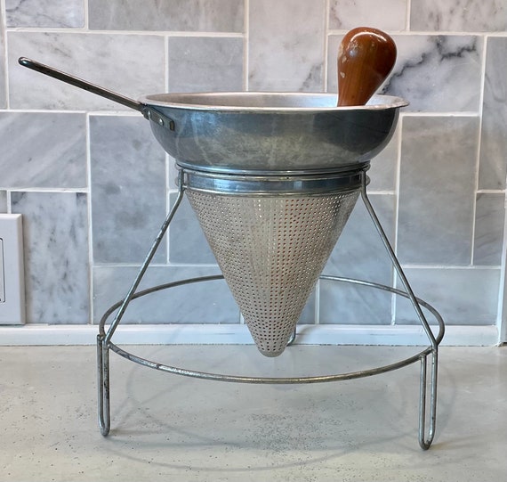 Vintage Strainer Cone Sieve Wood Pestle Tripod Stand Canning Etsy