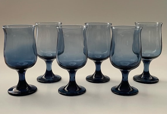 Vintage Libbey Dusky Blue Tulip Top Wine Glasses 6 ounce Retro 1980's