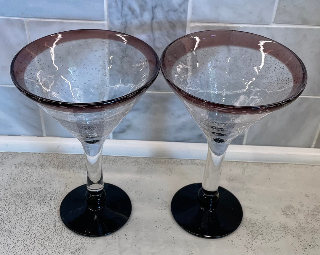 Set of 2 Martini Glasses Hand Blown Glass Purple / Mauve Top Clear