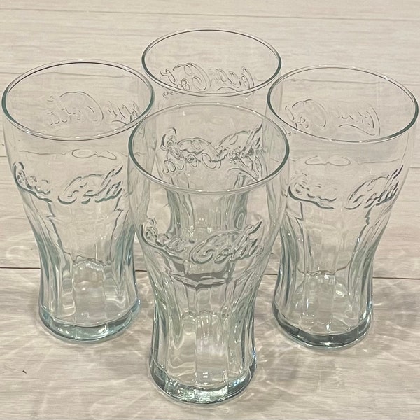 Set of 4 Clear Coca Cola Glasses 16 ounce Tumblers McDonalds Promo Glasses Made in USA By Libby - Clear Gift Set for Coca Cola Collector