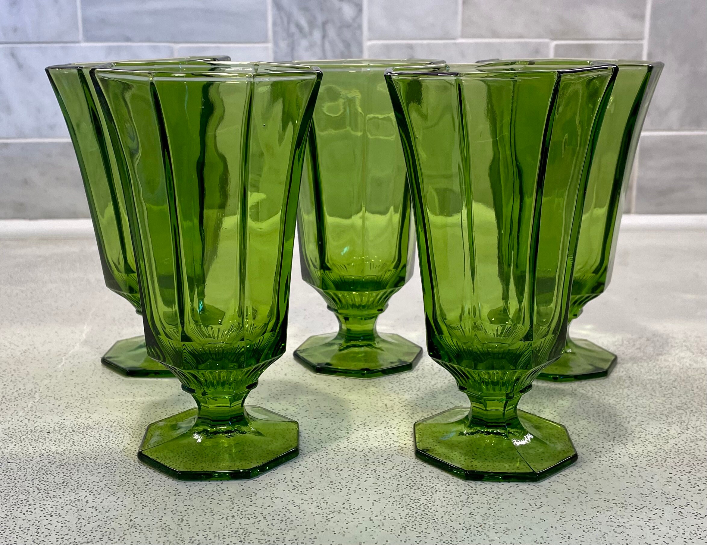 Set of 5 Vintage Green Wine Glasses Heavy Thick 10 ounce Ice Tea or Water Goblets from the 1970's