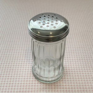 Vintage Glass Sugar Shaker with Metal Top Featuring Star Pattern Holes Cute Retro Clear Glass Kitchen Display or Farmhouse Decor