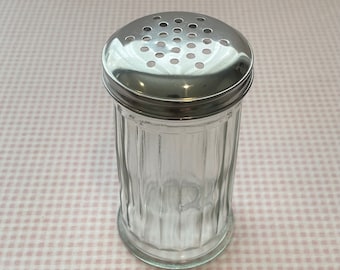 Vintage Glass Sugar Shaker with Metal Top Featuring Star Pattern Holes Cute Retro Clear Glass Kitchen Display or Farmhouse Decor