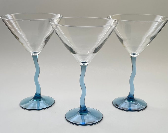 Set of 3 Blue Wavy Stem Martini Glasses by Libby Retro 1980's Libby Z