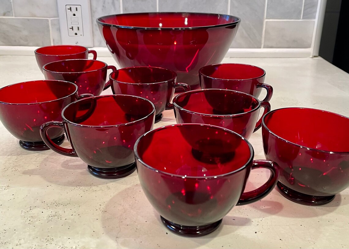 Vintage Ruby Red Punch Bowl Set with 8 Glasses Cristal Etsy