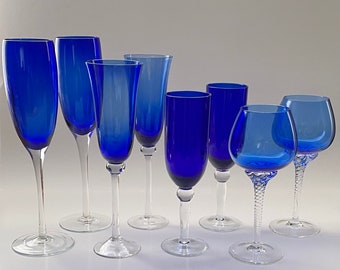 Set of 8 Vintage Cocktail Glasses Blue with Clear Stem Mismatched Collection From the 1980's