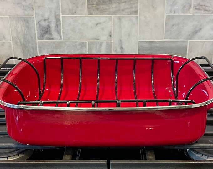 Giant Red Enamelware Roaster With Rack and Metal Handles Enameled Large