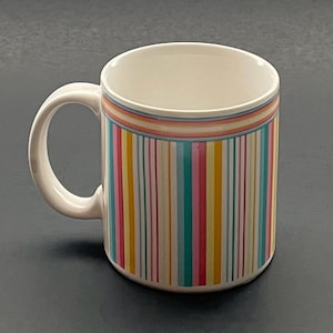 Vintage Coffee Mug Retro 1984 Blue Pink Yellow Stripe Dodge and Son&#39;s Cermaic Cup Made in Japan
