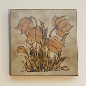Vintage Tile Trivet with Brown Flowers a Retro Ceramic Hot Plate with Metal Border